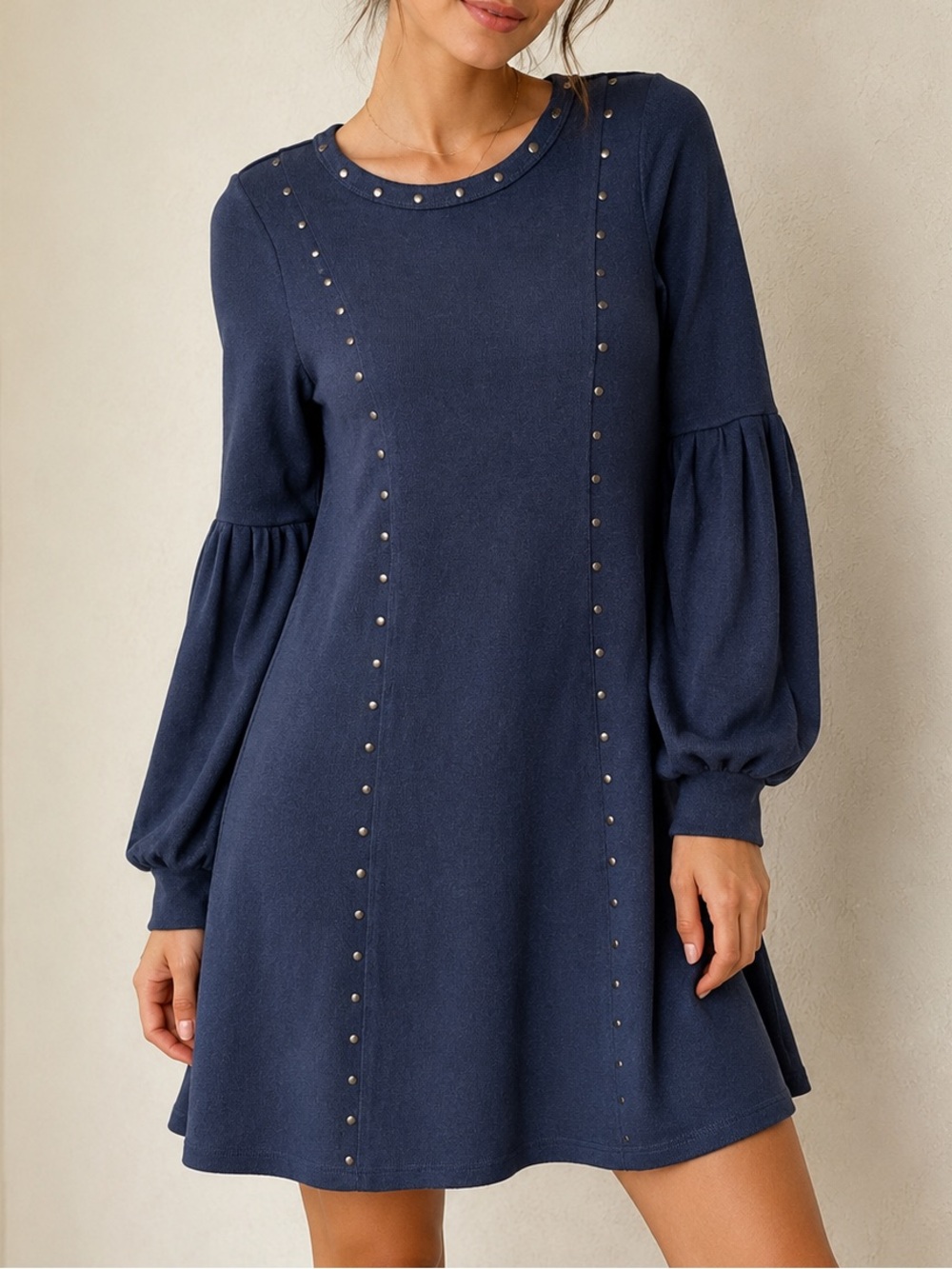 Spense Navy Studded Puff Sleeve Swing Dress Petite PS